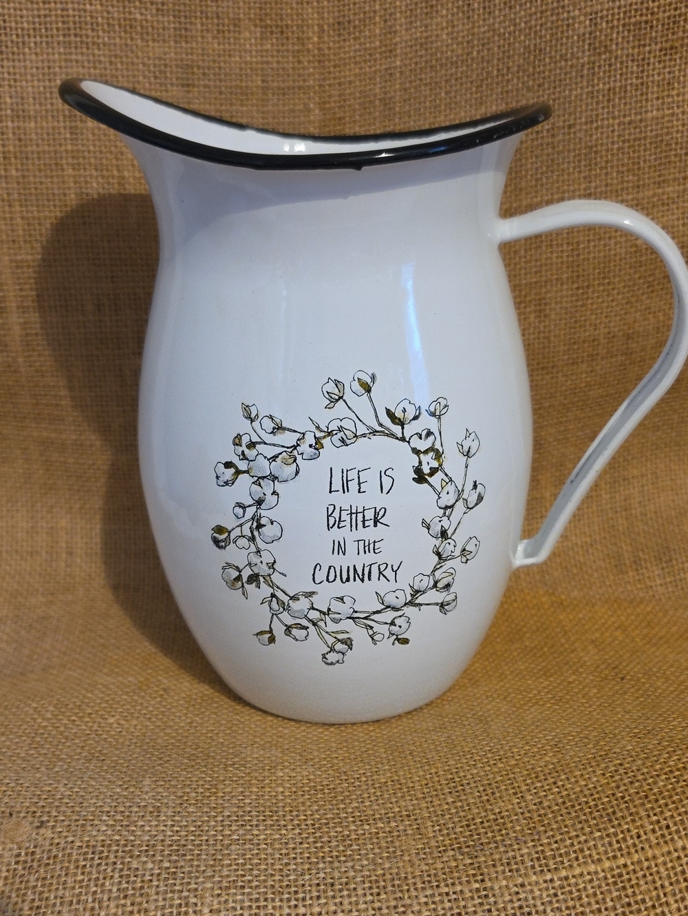 White Metal Country Floral Pitcher - Life Is Better in the Country NWT